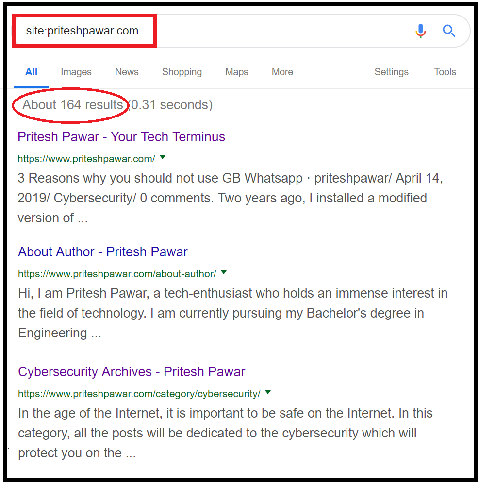 Screenshot of priteshpawar.com to verify the page results shown on Google for a website.
This image is a part of the blog named "8 Ways to detect fake websites"